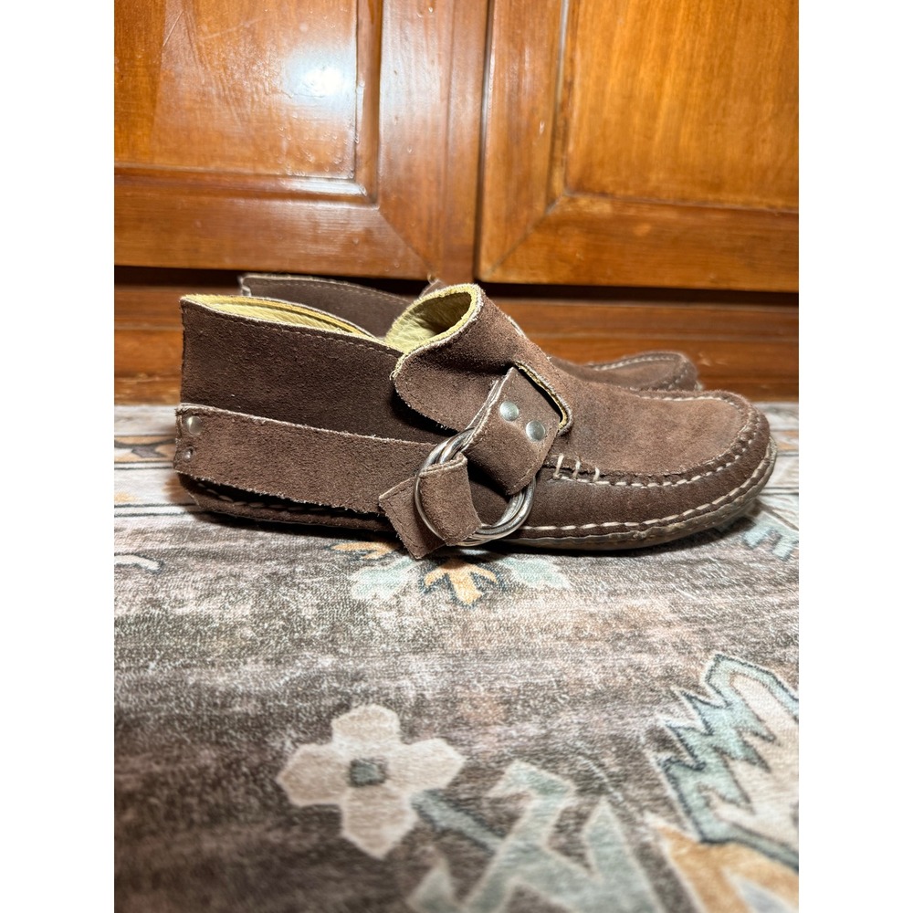 Quoddy Handcrafted Brown Suede Ring Buckle Moccasins Boho Whipstitch Loafers 7.5 - Picture 2 of 16